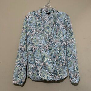 Talbots Blue Green Floral Vine Long Sleeve Faux Wrap Cross Over Shirt Top 12